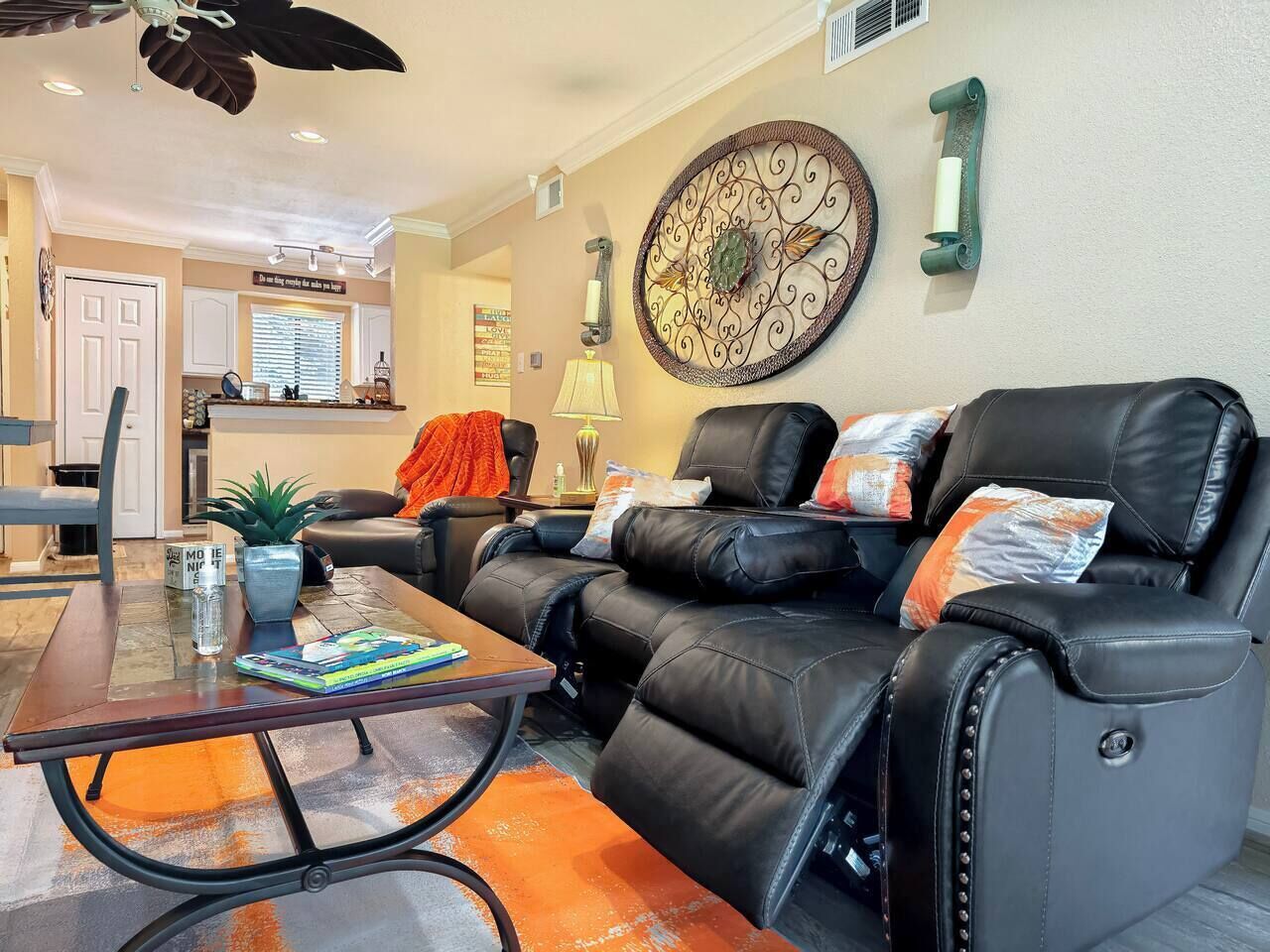 Smart TV, fireplace, books