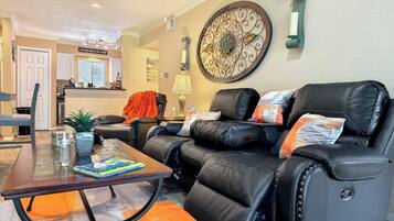 Smart TV, fireplace, books