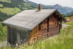 Eine rustikale Holzhütte mit geneigtem Dach, gelegen in einer Bergregion mit Blick auf grüne Täler und ferne Gipfel.