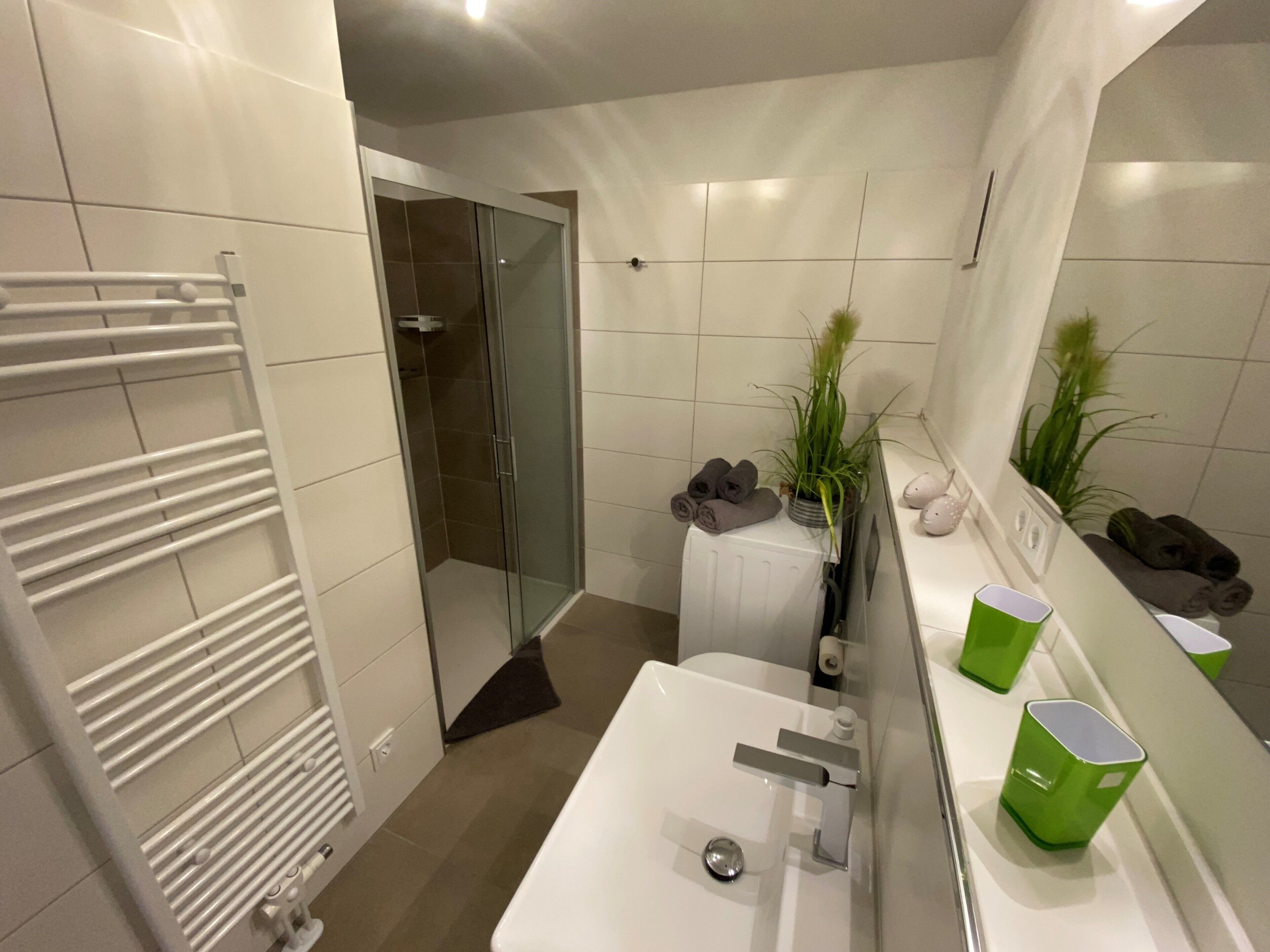 A modern bathroom with a glass shower enclosure, a white sink with a mirror, and a towel rack.