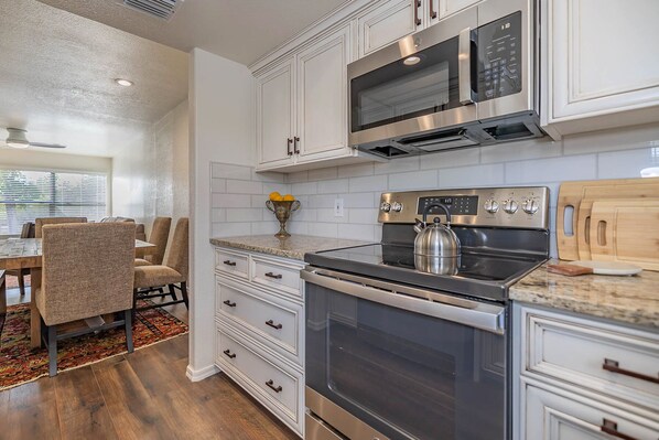 Fridge, microwave, oven, stovetop