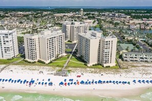 On the beach, sun-loungers