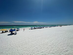 Une vaste plage de sable fin, bordée de rangées de chaises de plage et de parasols, sous un ciel dégagé.