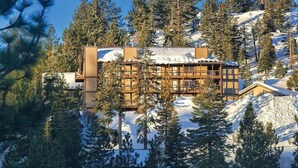 A modern lodge with a wooden exterior, multiple windows, and a snow-covered roof, surrounded by tall pine trees and a mountain backdrop.