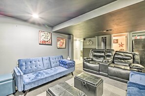 TV, fireplace, video-game console, DVD player