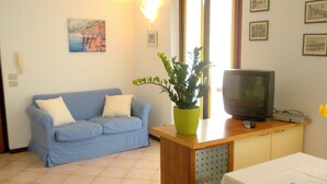 Een woonkamer met een blauwe bank, een televisie op een houten tafel, een kamerplant en een raam met gordijnen.