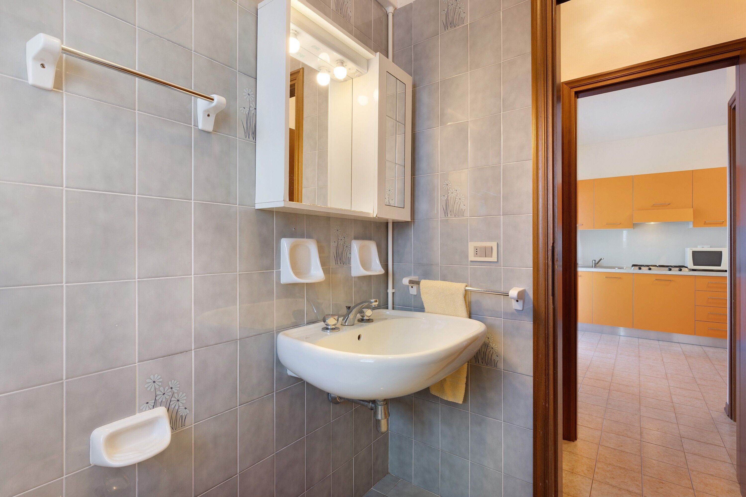 Een badkamer met een wastafel, spiegel, handdoekhouder en een klein zeepbakje.