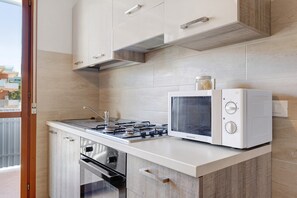 Fridge, microwave, stovetop, cookware/dishes/utensils