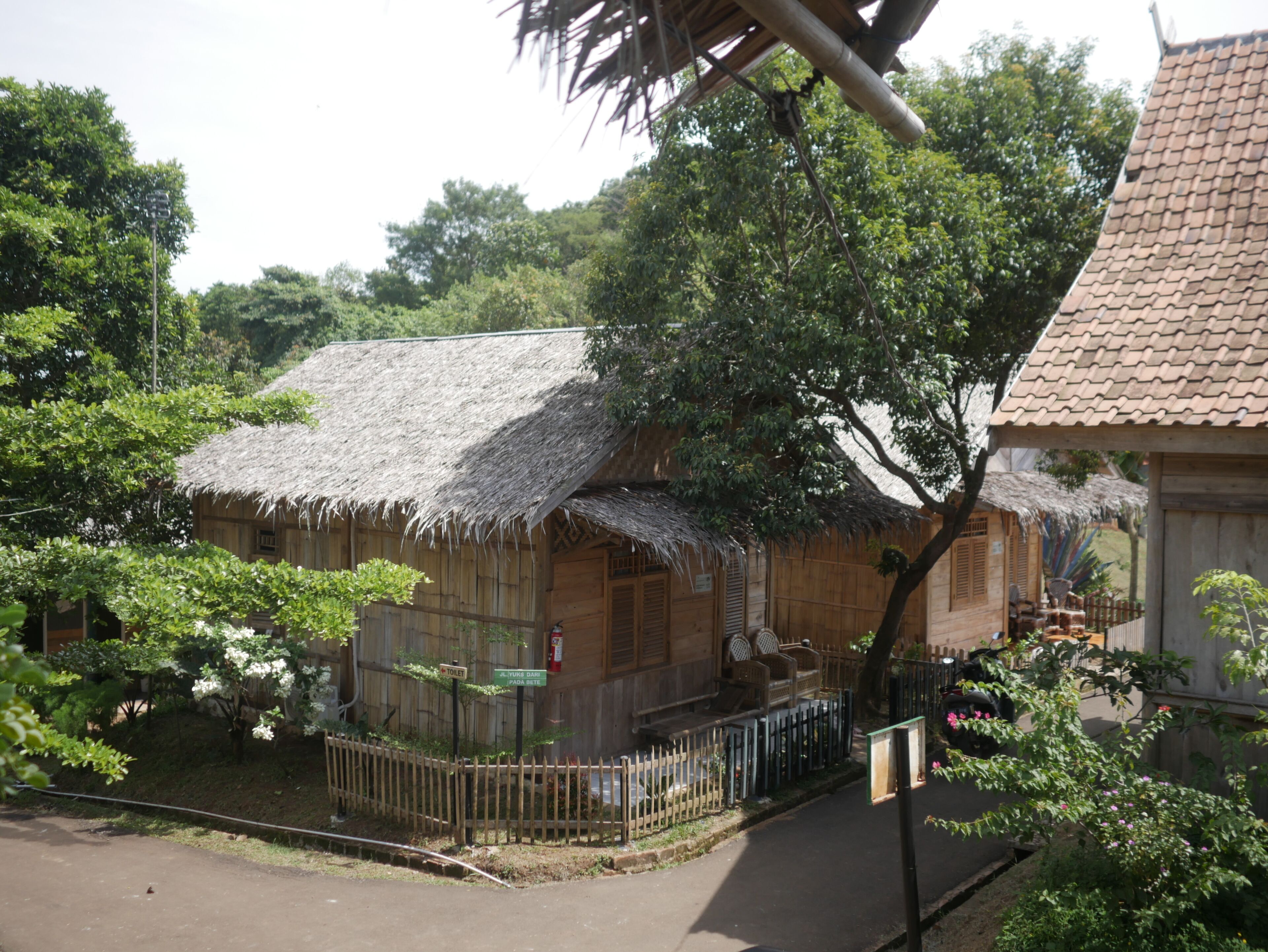 A traditional wooden house with a thatched roof, surrounded by lush greenery and a fenced yard.