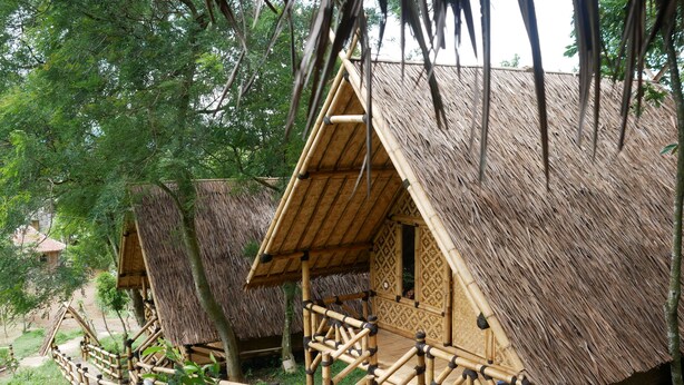 A row of thatched-roof cabins with bamboo railings, surrounded by lush greenery.