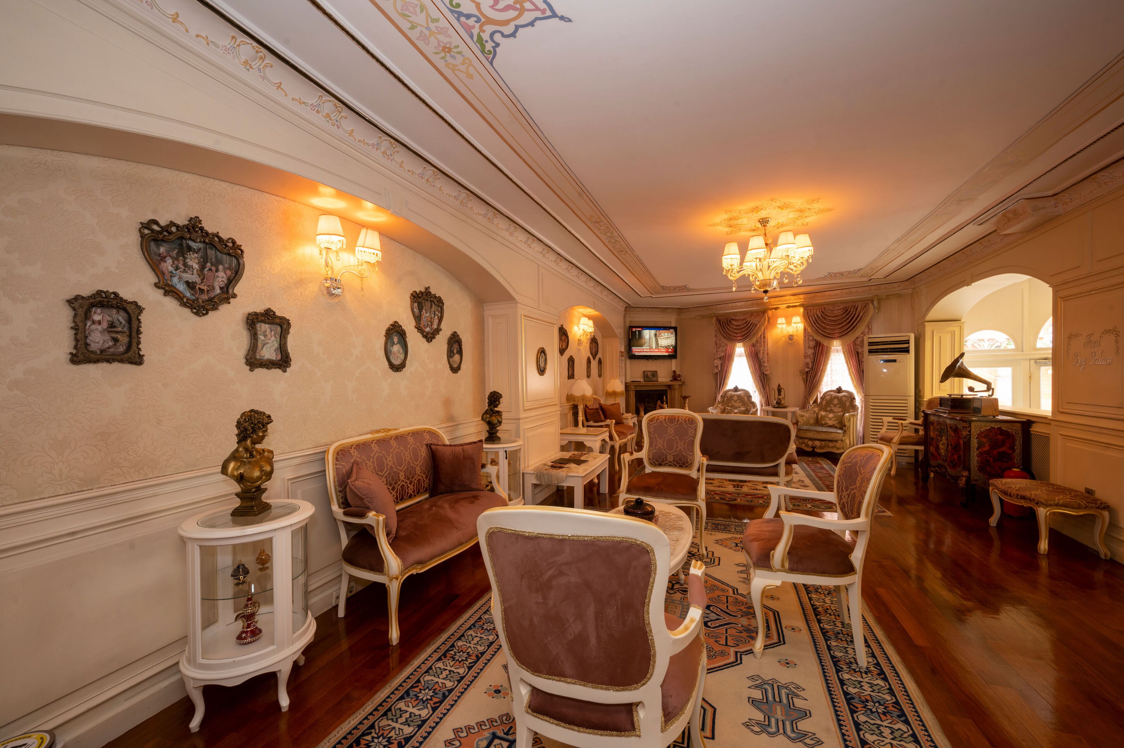 A classic interior with ornate wall decorations, a chandelier, and a television.