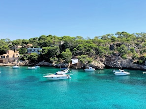 Enjoy a tranquil coastal scene with turquoise sea views, lush greenery, and rocky cliffs.