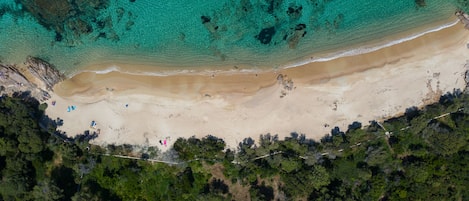 Vue aérienne d’une plage aux eaux turquoise et limpides, bordée d’un rivage sablonneux et d’une végétation luxuriante.