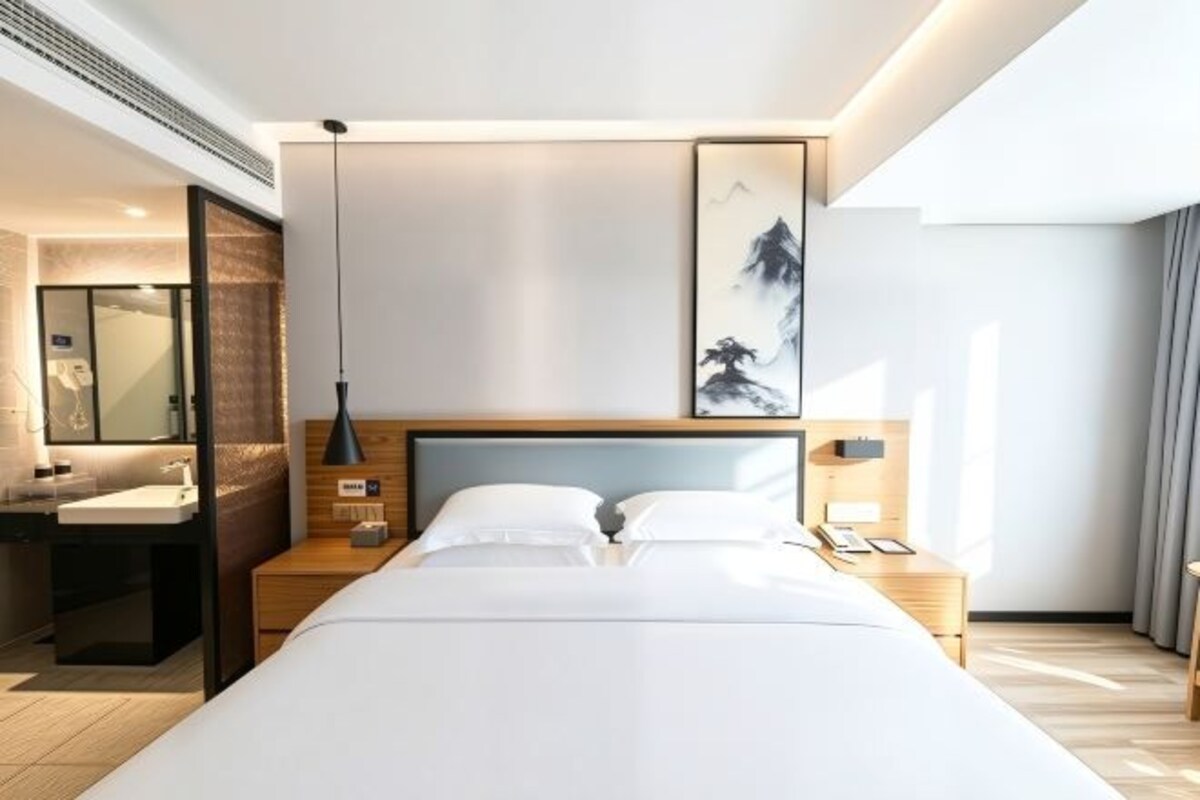 A modern hotel room with a large bed, a bedside table, a nightstand, a wall-mounted lamp, and a painting.