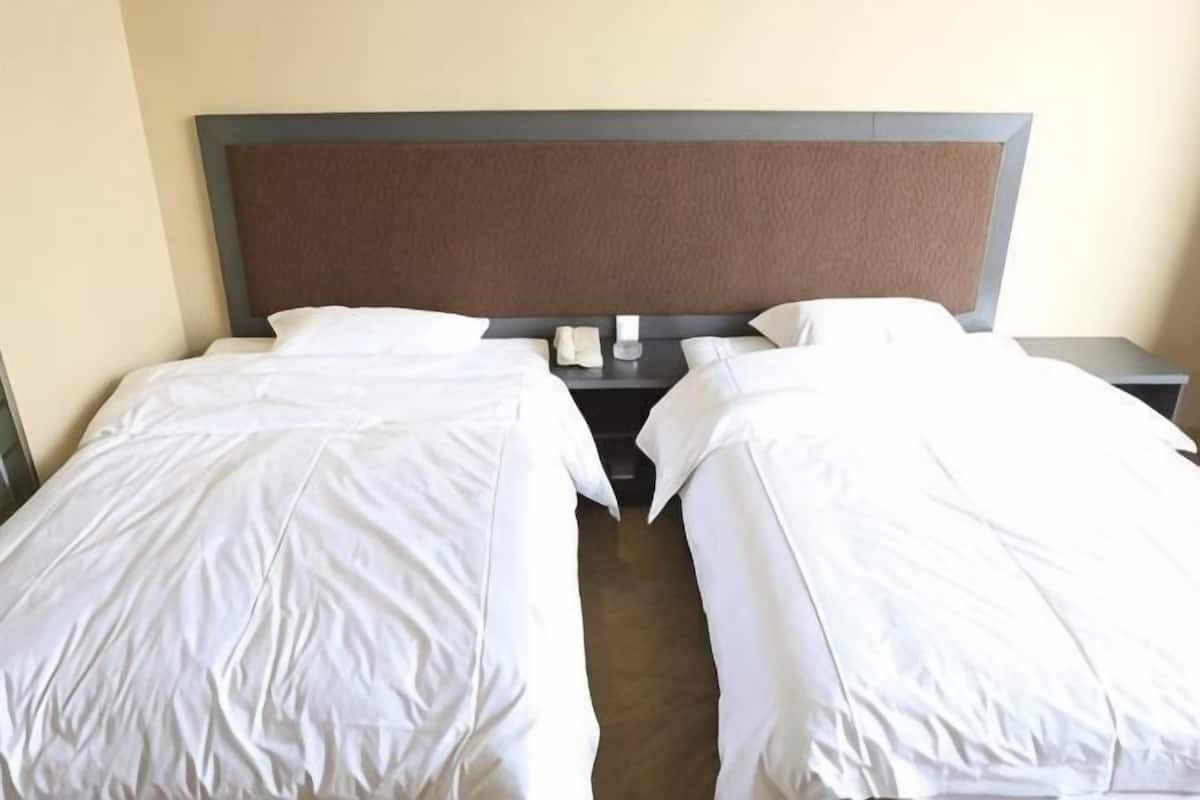 Un lit double avec une tête de lit marron, du linge de lit blanc et une table de chevet sur laquelle se trouvent un téléphone et une boîte de mouchoirs.