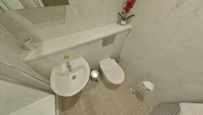 Baignoire, serviettes fournies, savon, shampoing