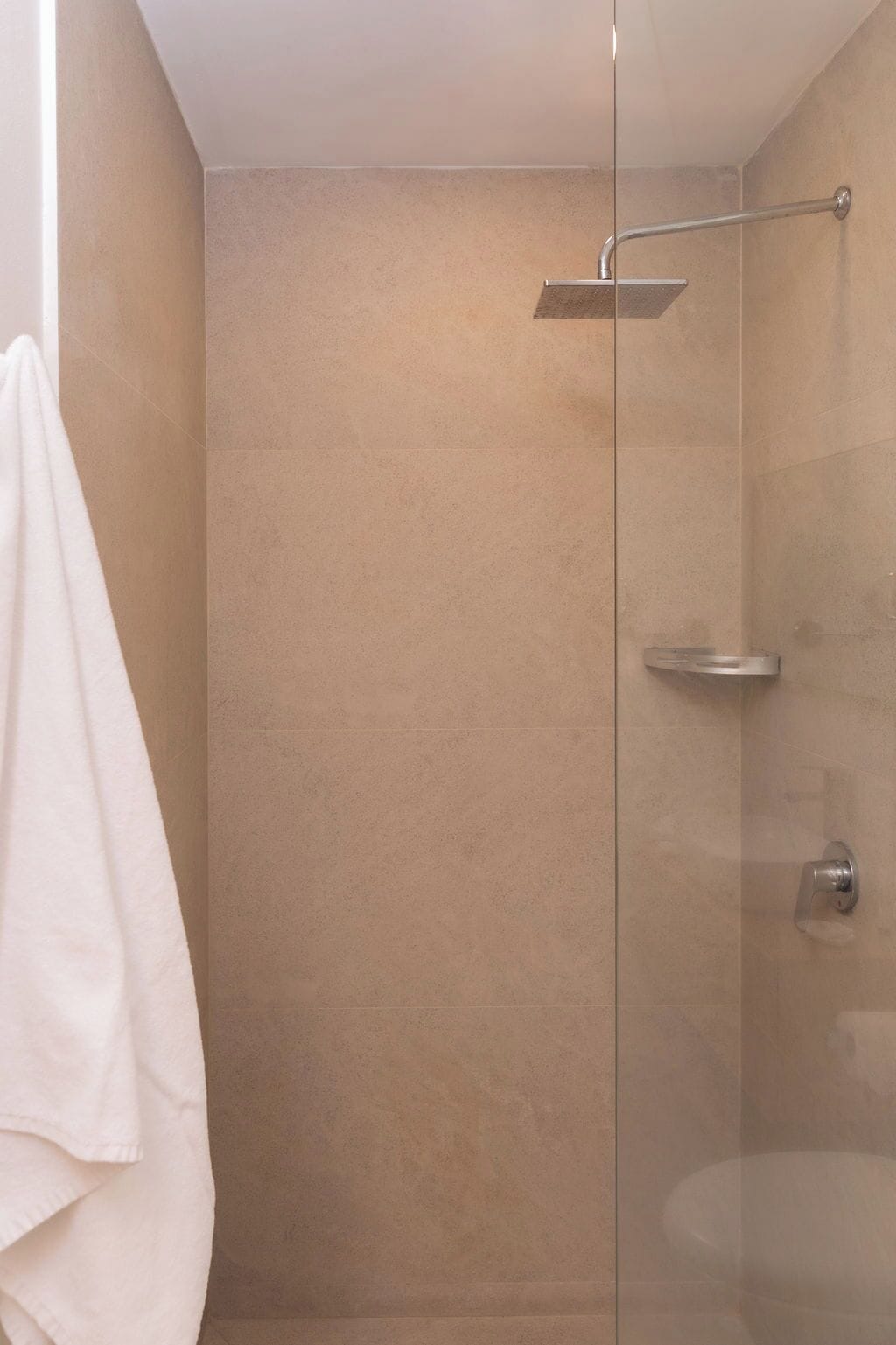 Een douche met glazen wanden, een metalen handgreep en een plank.