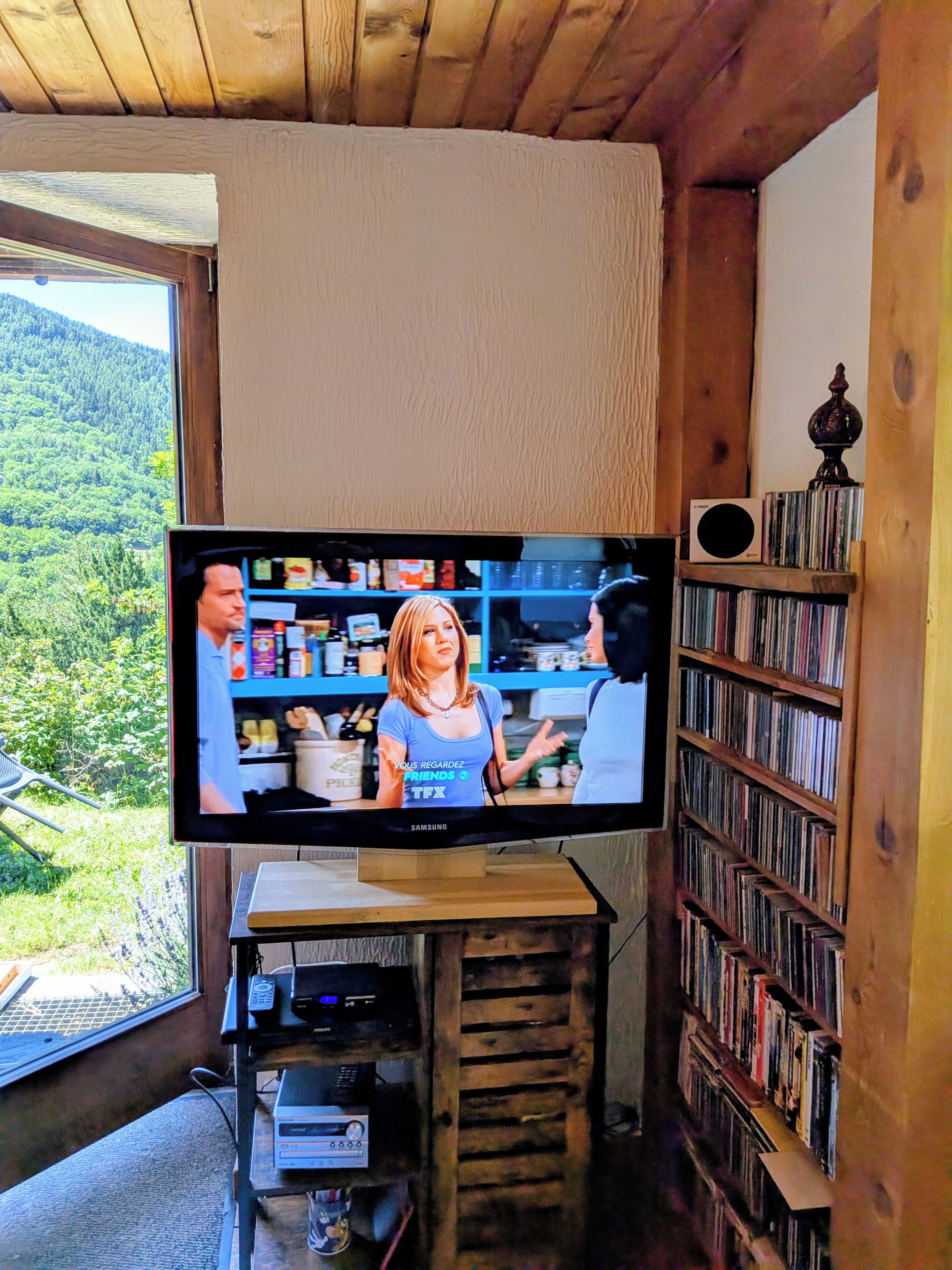 A television mounted on a wooden wall with a bookshelf and a window showing a forest view.