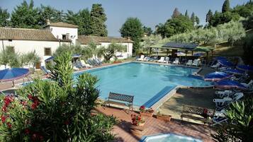 Piscina stagionale all'aperto, ombrelloni da piscina, lettini