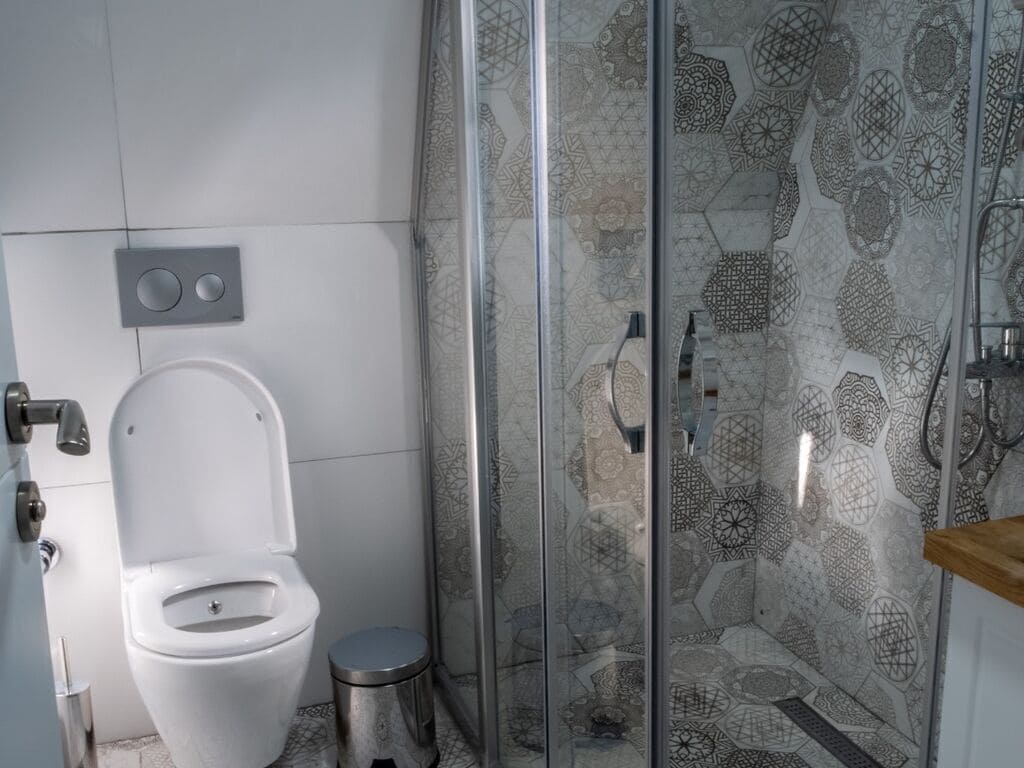 Ein Badezimmer mit Toilette, Mülleimer und Dusche mit gemusterten Fliesen.