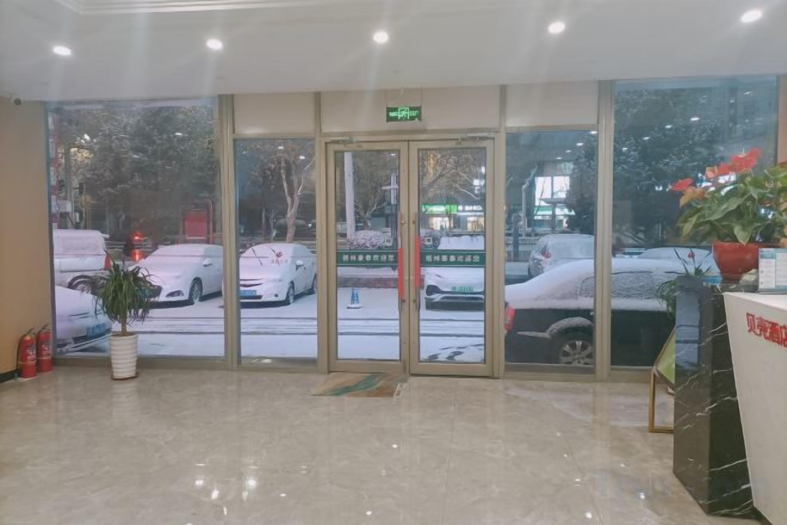 A hotel lobby with a reception desk, a potted plant, and a view of the street outside.