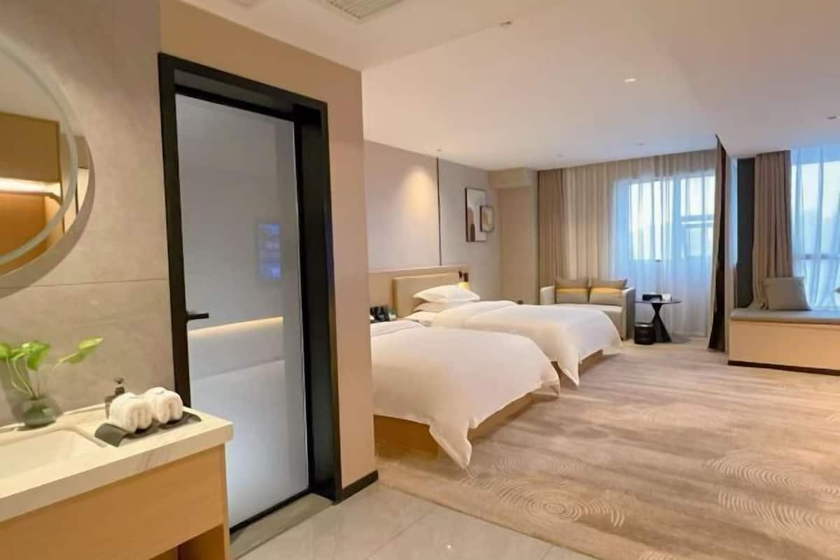 A hotel room with a large bed, a bedside table, a mirror, and a view of the city.