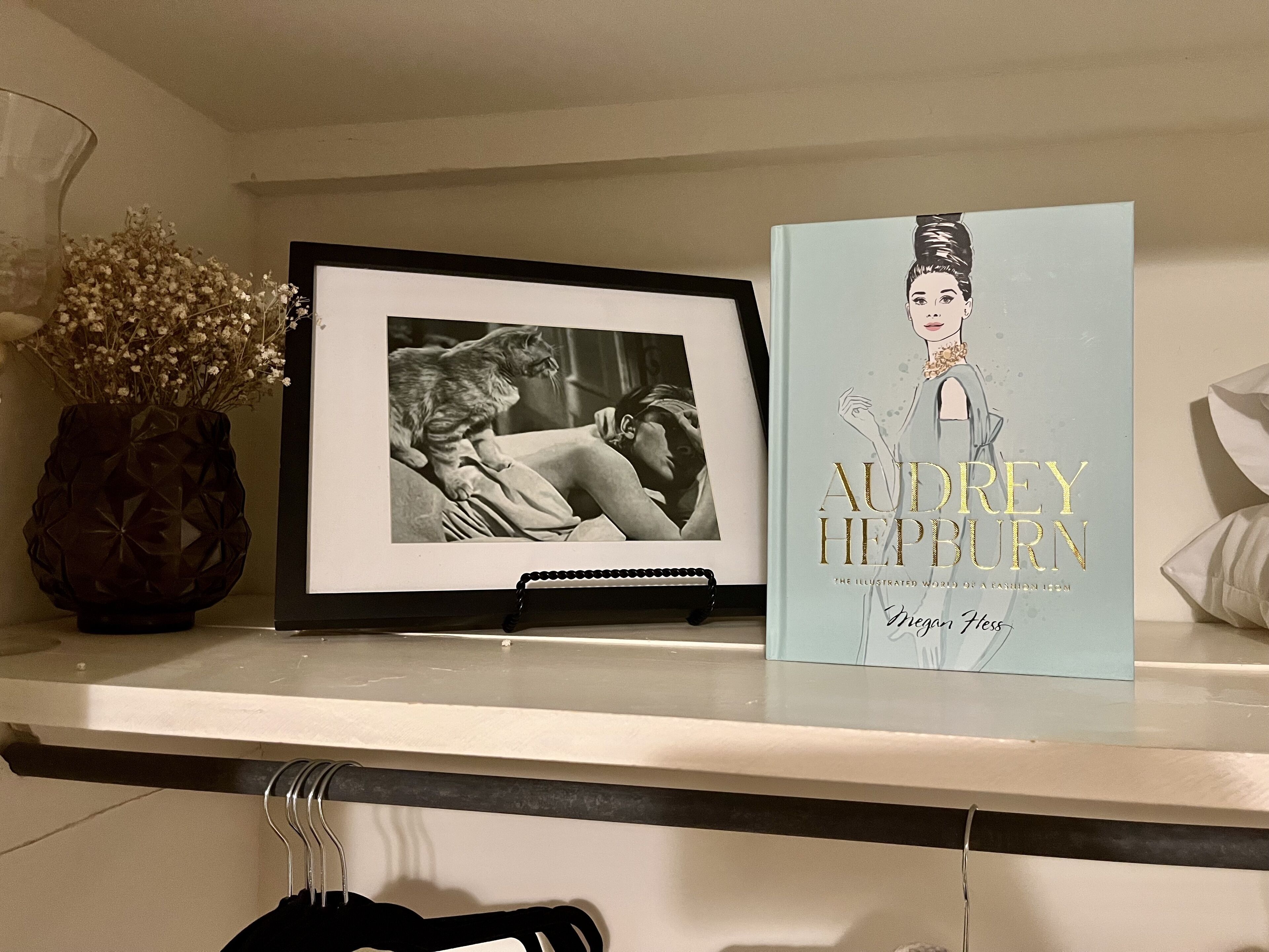 A framed photograph of a person and a cat on a shelf, a book titled 'AUDREY HEPBURN', and a vase with dried flowers.