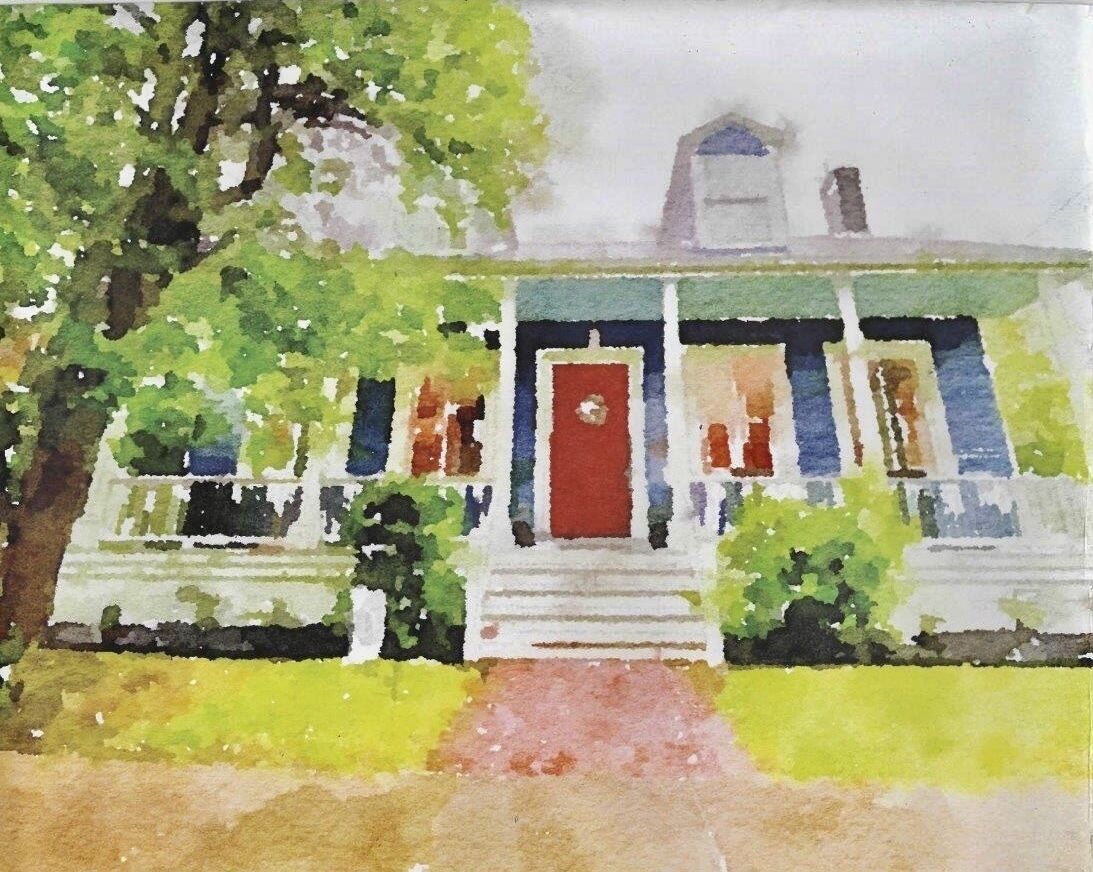 A watercolor painting of a house with a red door, white porch, and a chimney.