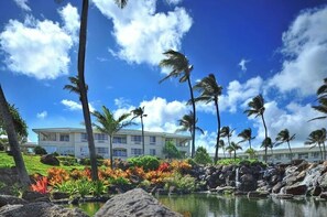 A resort with a large building, palm trees, and a water feature.
