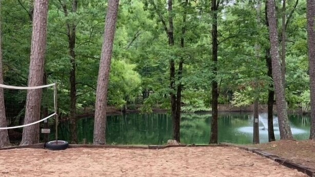 A sandy outdoor area with a rope net, surrounded by trees and a body of water.