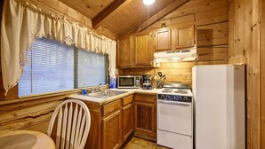 Cocina de cabaña de madera con lavamanos, microondas, estufa y refrigerador.