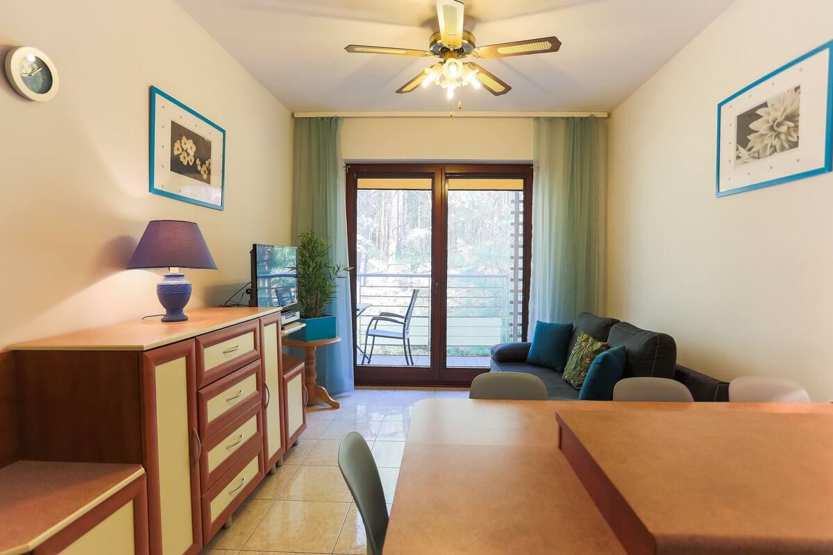 A living room with a dining area, a ceiling fan, and a sliding glass door leading to an outdoor patio.