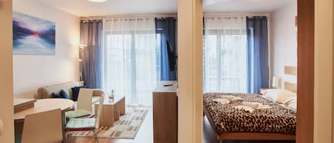 经济公寓 | 起居区 | 40-英寸纯平电视 (配备数码频道)、电视