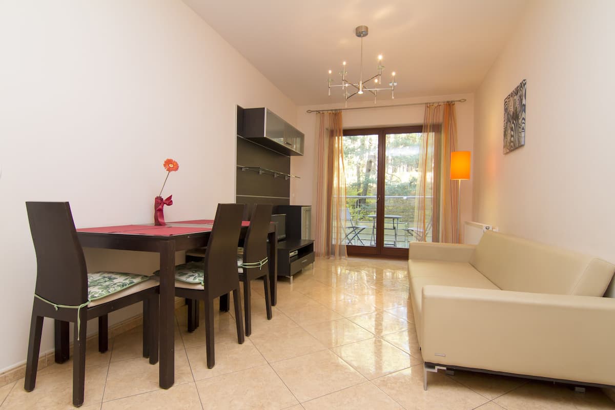 A modern living room with a dining area, a sofa, a TV, and a balcony with a view.