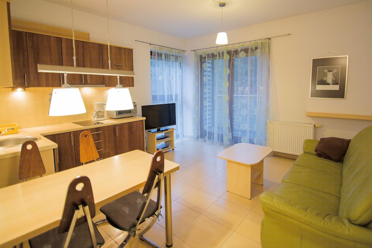 A compact living space with a kitchenette, dining area, and a green sofa.