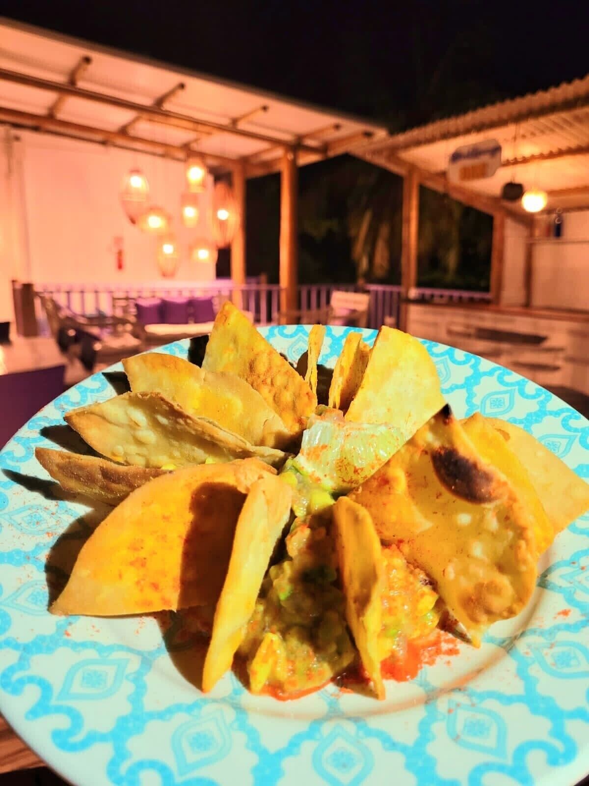 A plate of tacos with a blue patterned rim.