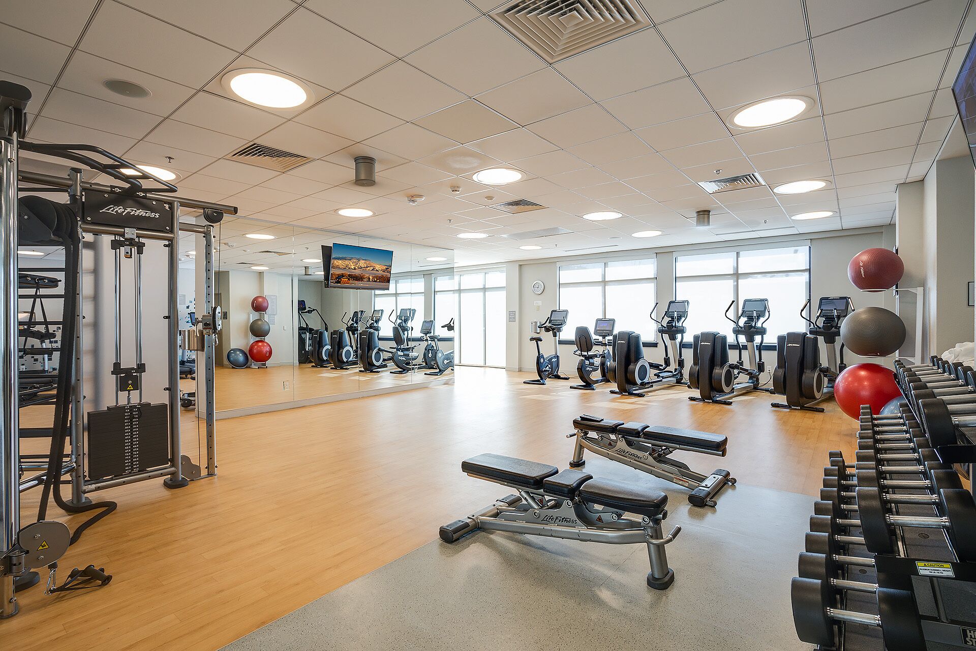 A gym with cardio machines, weightlifting equipment, and a mirrored wall.