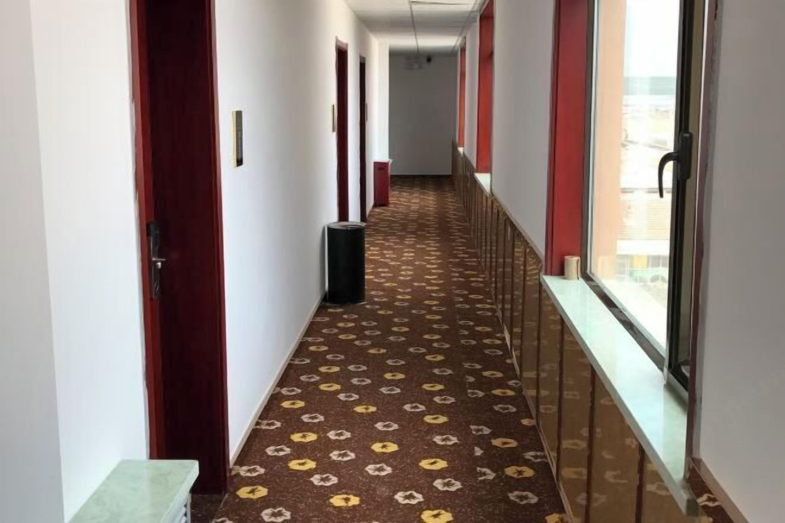 Un couloir d’hôtel avec un tapis à motifs, des portes rouges et des fenêtres donnant sur un paysage agréable.