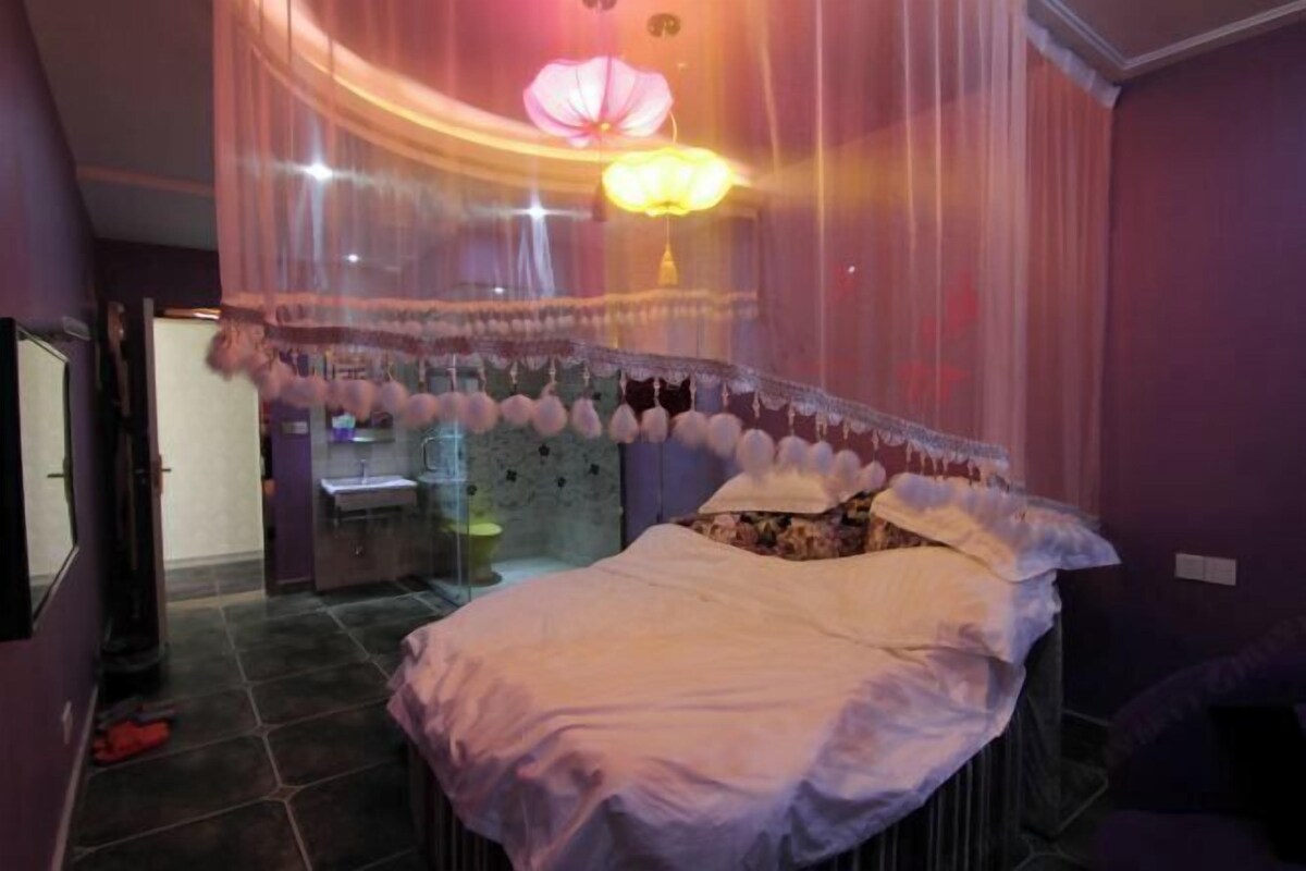 A room with a bed covered by a canopy, a sink, and a mirror.