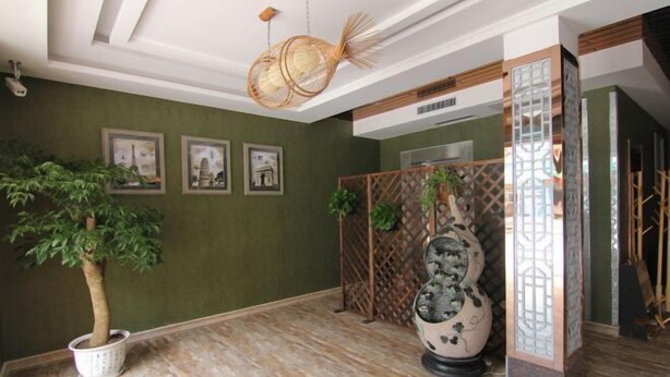 A room with a green wall, a potted tree, a decorative vase, and framed pictures. - Shijixing Business Hotel (Baoying)