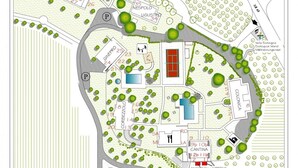 A map of a residential area with numbered plots, green spaces, and a reception/meeting room. - Trilo standard first floor (Riparbella)