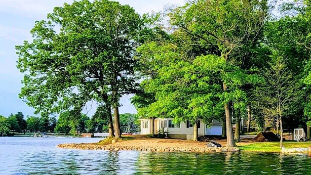 A lakeside property with mobile homes, trees, and a dock.