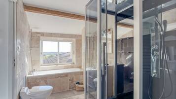 Combined shower/bathtub, hair dryer, towels, soap