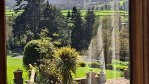 Une vue d’un jardin luxuriant avec une fontaine, entouré de verdure et avec des collines en arrière-plan.