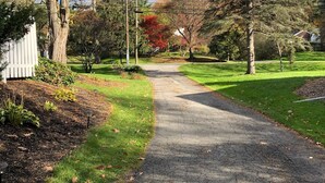 A paved pathway leading through a park with trees and a white fence on the left.
