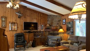 Een gezellige woonkamer met een open haard, houten wanden, een televisie en comfortabele zitmogelijkheden.
