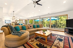 Smart TV, fireplace, video games, DVD player