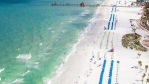 An aerial view of a beach with a pier extending into the sea, rows of blue umbrellas, and a row of buildings along the shore. - Beach Front Condo at the Avalon Club (Clearwater)