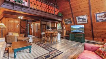 Smart TV, fireplace, DVD player, books