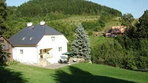 A white house with a dark roof, a large evergreen tree, and a hill in the background. - Spacious villa with fireplace (Vidochov)